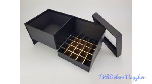 Szétnyitható virág-ajándék-bonbon doboz ablakos fedelű box 18,5x18,5x15,5 cm - Fekete