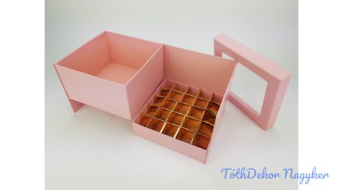 Szétnyitható virág-ajándék-bonbon doboz ablakos fedelű box 18,5x18,5x15,5 cm - Rózsaszín
