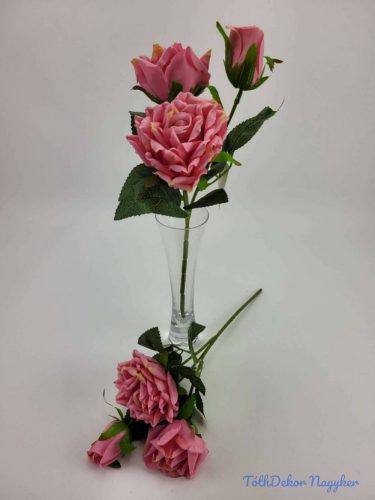 Rózsa 3 ágú szálas selyemvirág 34 cm - Sötét Rózsaszín