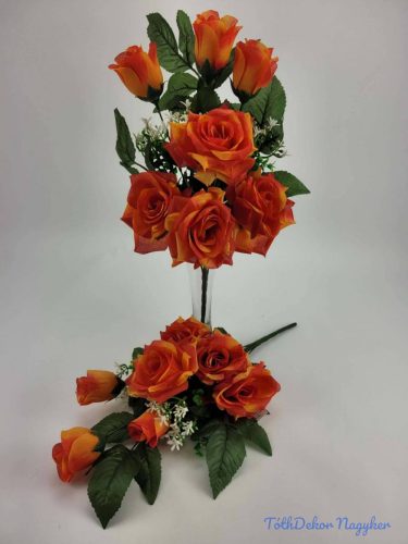Vegyes rózsa fekvő 10 ágú selyem csokor 48 cm - Narancs