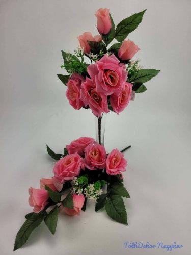 Vegyes rózsa fekvő 10 ágú selyem csokor 48 cm - Rózsaszín