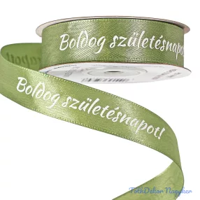   "Boldog Születésnapot!" feliratos szatén szalag 20mm x 20m - Mohazöld