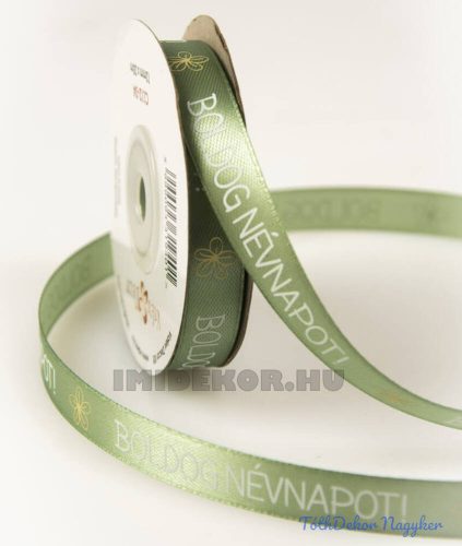 Boldog Névnapot! feliratos szatén szalag 12 mm x 20 m - Vintage zöld