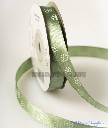 Virágmintás szatén szalag 12 mm x 20 m - Vintage zöld