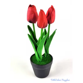 Cserepes gumi tulipán 3 fejes élethű 22 cm - Piros