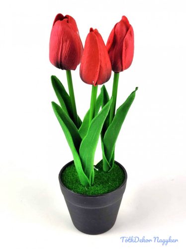 Cserepes gumi tulipán 3 fejes élethű 22 cm - Piros
