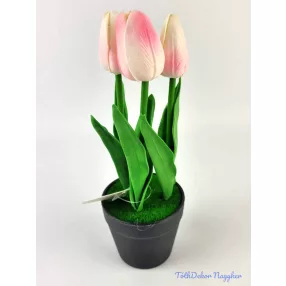   Cserepes gumi tulipán 3 fejes élethű 22 cm - Halvány Rózsaszín