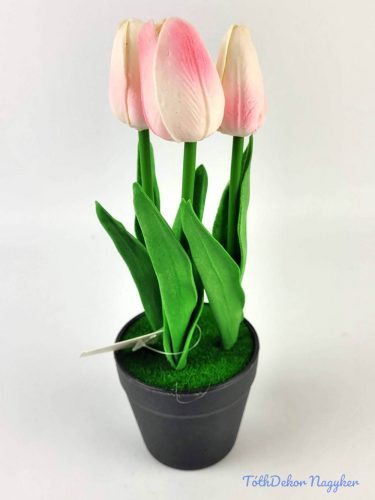 Cserepes gumi tulipán 3 fejes élethű 22 cm - Halvány Rózsaszín
