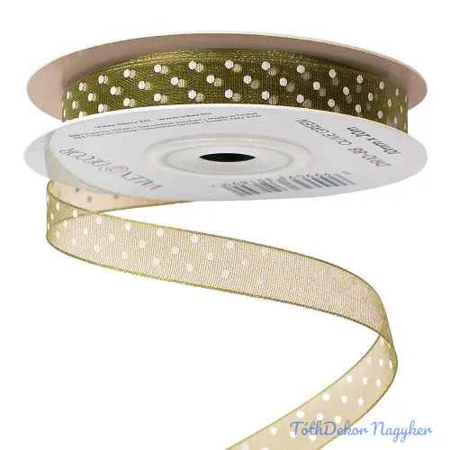 Pöttyös organza szalag 10mm x 20m - Olivazöld