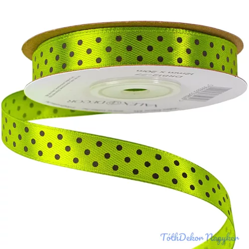 Fekete pöttyös szatén szalag 12mm x 20m - Teazöld