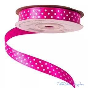   Fehér pöttyös szatén szalag 12mm x 20m - Sötét Rózsaszín