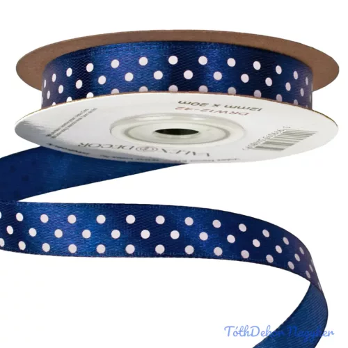 Fehér pöttyös szatén szalag 12mm x 20m - Tengerészkék