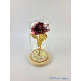 LED-es fémrózsa fatalpas üvegbúrában 11x22cm - Vörös
