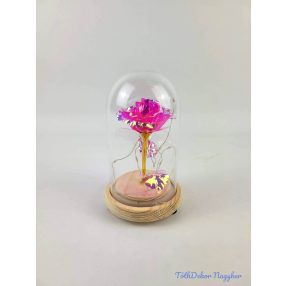   LED-es fémrózsa fatalpas üvegbúrában 8,5x14 cm - Rózsaszín