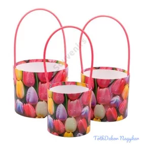   Virágmintás műanyag füles papírdoboz 3db/szett - Tulipános 74