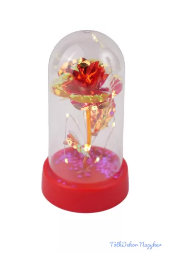 Fémrózsa szál műanyag búrában, talpon 8,5x14,5cm - Piros