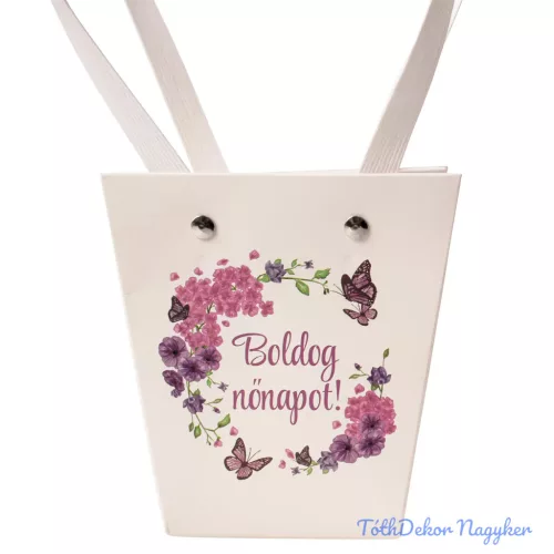 Feliratos virágtáska 12x8x12,5cm - Boldog nőnapot!