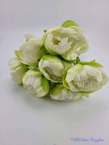 Nyílt Peónia 7 fejes kötegelt selyemvirág csokor 35 cm - Zöldes Krém