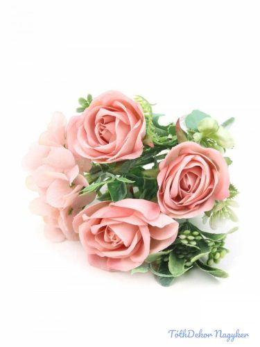 Rózsa csokor hortenziával 26 cm - Rózsaszín