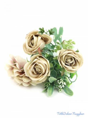 Rózsa csokor hortenziával 26 cm - Világos barnás