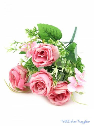 4 fejes rózsa csokor díszítőkkel 32 cm - Élénk Rózsaszín