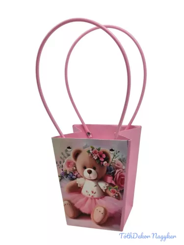 Virágtáska nagy trapéz mintás - Rózsaszín macis