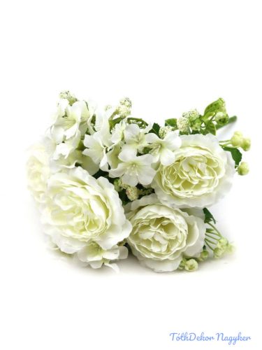 Peónia + kis virág selyem csokor 31cm - Fehér
