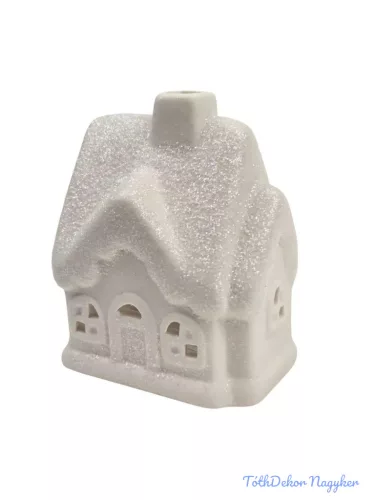 Kerámia fehér téli házikó - Csillámos tetejű A