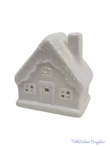 Kerámia fehér téli házikó - Csillámos tetejű B