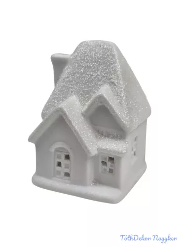 Kerámia fehér téli házikó - Csillámos tetejű C