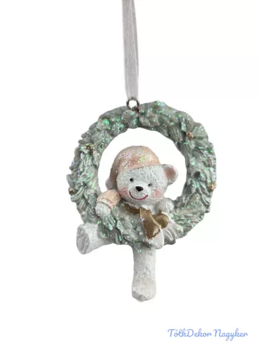 Akasztós fehér maci koszorúban figura