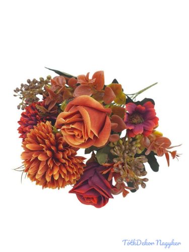 Rózsa-Krizantém vegyes selyemvirág csokor 31cm - Rozsda