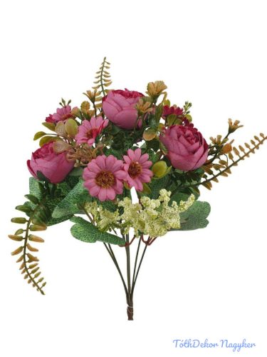 Peónia selyemvirág csokor kiegészítőkkel 35cm - Pink