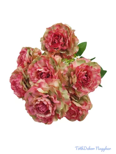 Fodros szirmú 9 nyílt fejes bazsarózsa csokor 42cm - Rózsaszín-Zöld