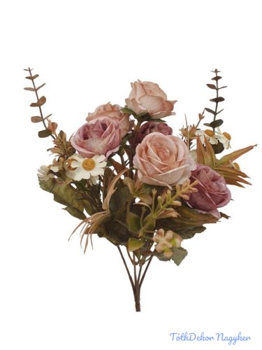 Antik színű rózsa + kis virágos csokor 29cm - Antik Barna