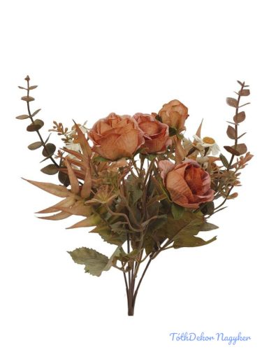 Antik színű rózsa + kis virágos csokor 29cm - Rozsda