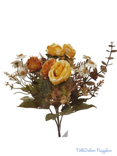 Antik színű rózsa + kis virágos csokor 29cm - Antik Sárga