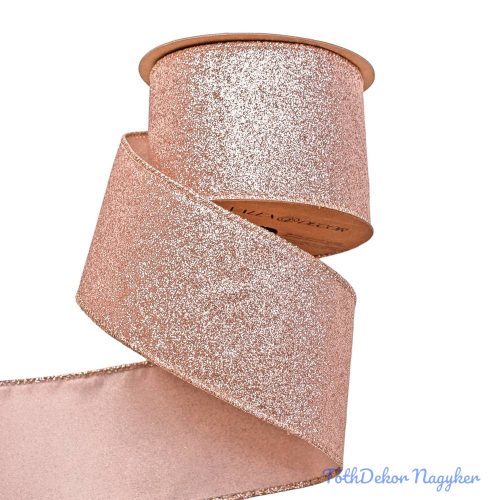 Glitteres karácsonyi szalag drótos szegéllyel 64mm x 5m - Rose Gold