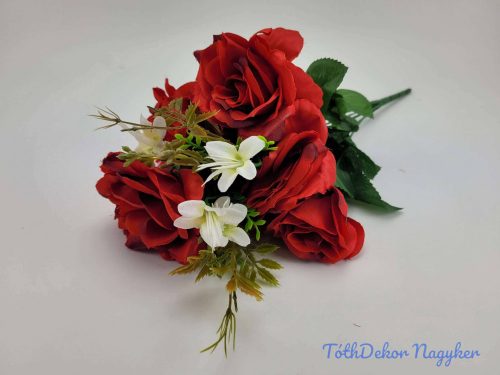 Nyíló rózsa 9 ágú selyem csokor 42 cm - Piros