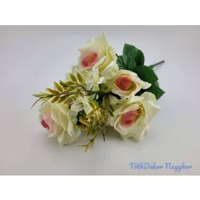   Nyíló rózsa 9 ágú selyem csokor 42 cm - Krém-Rózsaszín