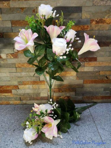 Bimbós rózsa liliom 7 ágú selyemvirág csokor 44 cm - Halvány Rózsaszín