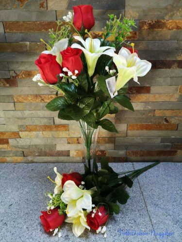 Bimbós rózsa liliom 7 ágú selyemvirág csokor 44 cm - Piros