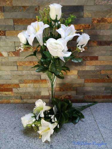 Bimbós rózsa liliom 7 ágú selyemvirág csokor 44 cm - Fehér