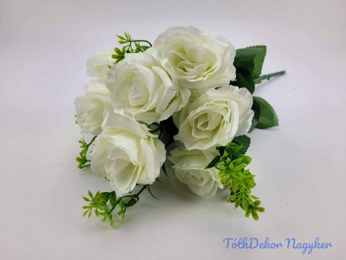 Nyílott 9 ágú rózsa selyemvirág csokor 44 cm - Törtfehér