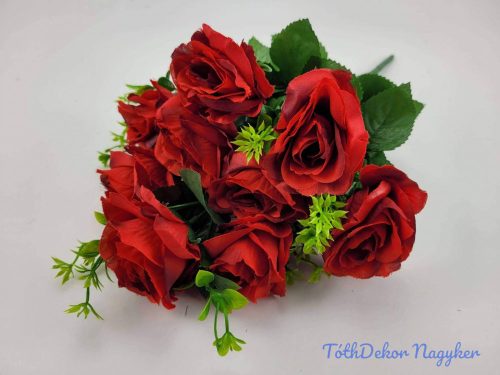 Nyílott 9 ágú rózsa selyemvirág csokor 44 cm - Piros