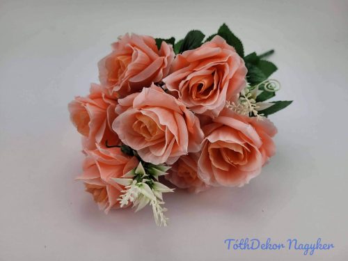Nyílott 9 ágú rózsa selyemvirág csokor 44 cm - Barack