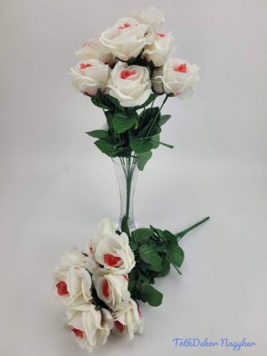 Rózsa nyílott 10v selyem csokor 42 cm - Fehér-Korall Középpel