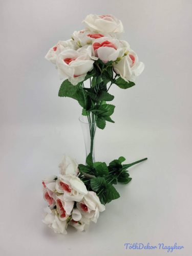 Rózsa 10v selyemvirág csokor 40 cm - Fehér-Rózsaszín