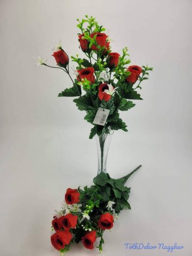 Bimbós rózsa  10 ágú selyem csokor 43 cm - Piros