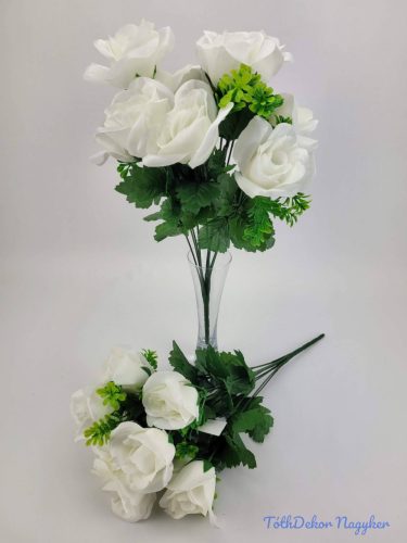 Nyíló rózsa 10v selyem csokor 44 cm - Fehér
